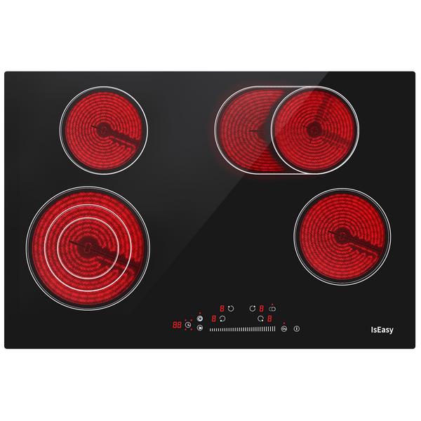 Plaque de cuisson électrique en céramique, 4 brûleurs, 76,2 cm, brûleurs intégrés, verre satiné, noir, contrôle par capteur tactile, minuterie, verrouillage de sécurité enfant, 9 niveaux de puissance, 220-240 V, 7 200 W 