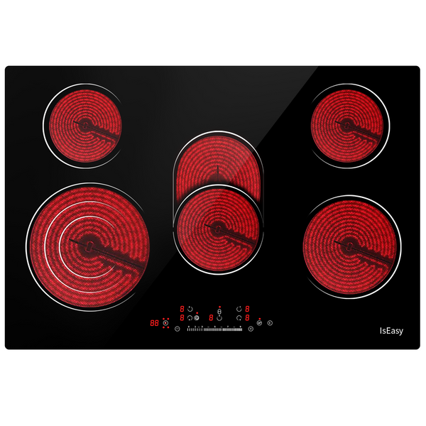 IsEasy 30" Glass Ceramic Hob, 8600W, 5 Cooking Zones, Built-in, 9 Heat Settings, Automatic Shut-Off, Residual Heat Indicator