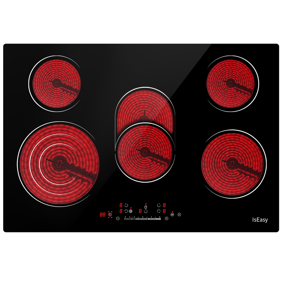 IsEasy 30" Glass Ceramic Hob, 8600W, 5 Cooking Zones, Built-in, 9 Heat Settings, Automatic Shut-Off, Residual Heat Indicator