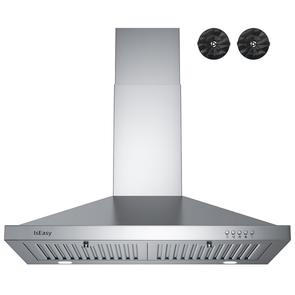 IsEasy 30" Range Hood, Wall Mount, 500 CFM, Convertible Ducted/Ductless, Stainless Steel, 3-Speed Fan, Charcoal Filters & Vent Hose