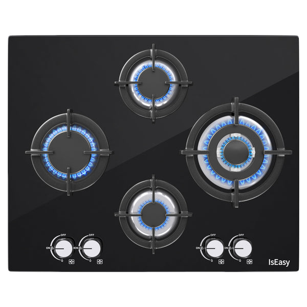 IsEasy 25" Glass Gas Hob, 4 Zones, 8750W, NG/Propane Convertible, Automatic Thermocouple Protection, Built-in, 220-240V