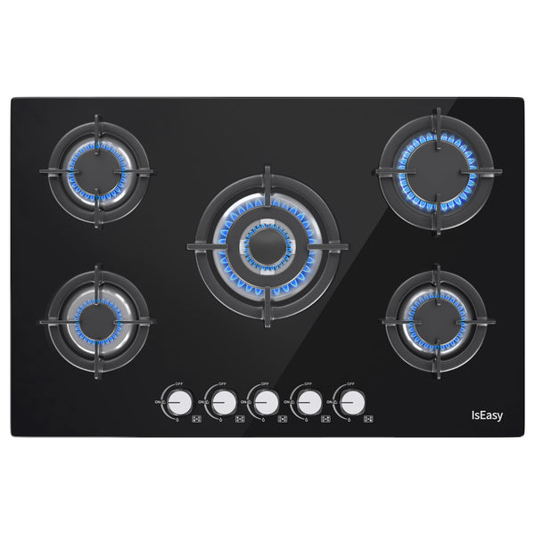 IsEasy 30" Glass Gas Hob, 5 Burners, Built-in, NG/Propane Convertible, Up to 10.5 kW, 5 Zones, Black Glass