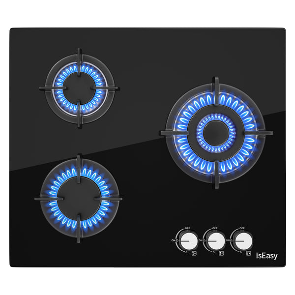 IsEasy 24" Glass Gas Hob, 3 Burners, NG/Propane Convertible, Automatic Thermocouple Protection, Built-in, 1.75 KW/2.7 KW/3.3 KW