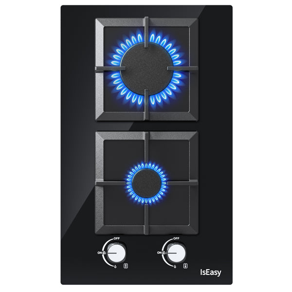 IsEasy 12" Domino Glass Gas Hob, 2 Burners (2700W/1000W), NG/Propane Convertible, Self-Sufficient Installation, 220-240V