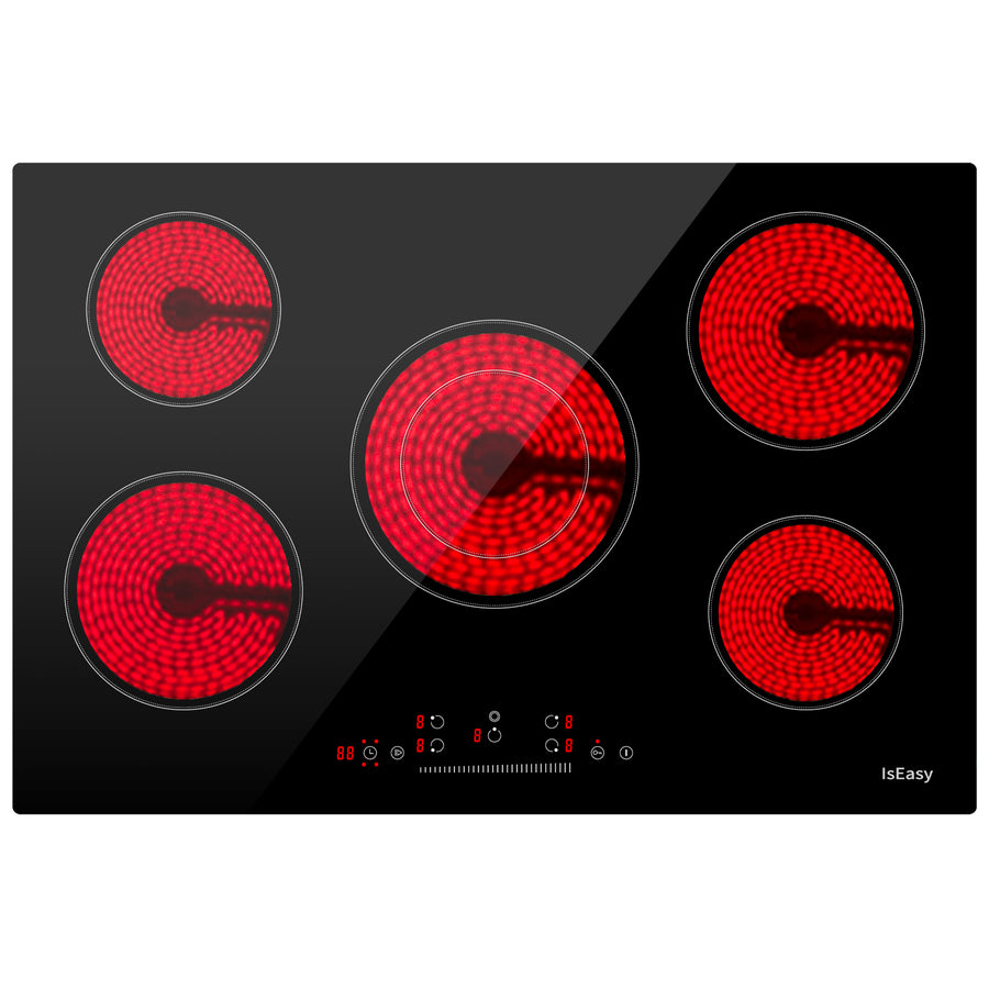 IsEasy 30-Inch 5-Burner Electric Ceramic Cooktop, Built-in Black Glass Stove with Touch Controls, Timer, Child Lock, 9 Power Levels, Energy Efficient, 220-240V