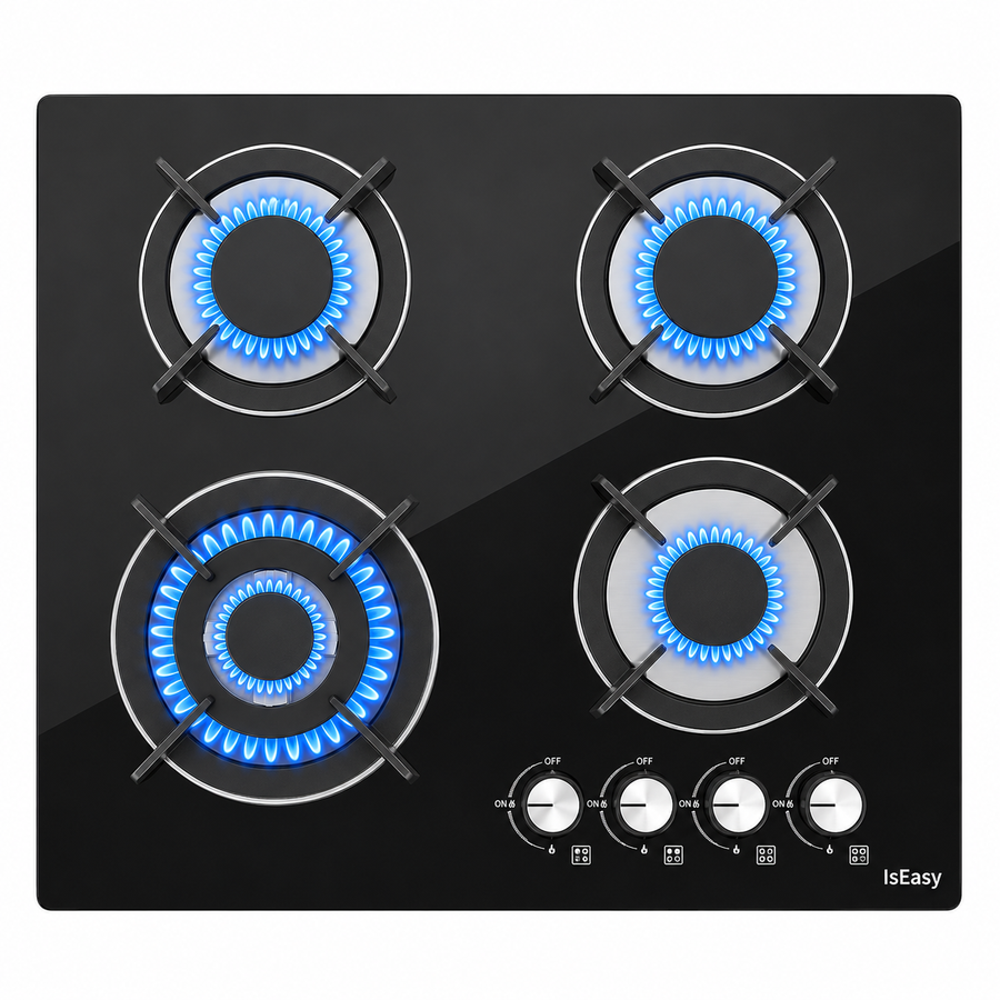 IsEasy 60 cm 4-Burner Glass Gas Hob | Sleek Control for Daily Cooking.
