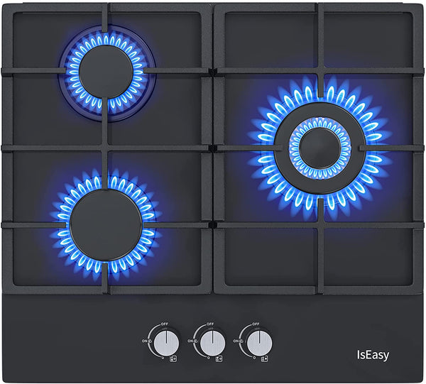 IsEasy 24" Built-in Gas Cooktop, 3 Burners, NG/LPG Convertible, Thermocouple Protection, Black Tempered Glass