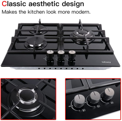 24" Built-in Gas Cooktop, 3 Burner Gas Stovetop, 24 Inch NG/LPG Convertible Natural Gas Propane Cooktops, 3 Burner Gas Stovetop With Thermocouple Protection, Black Tempered Glass-IsEasy