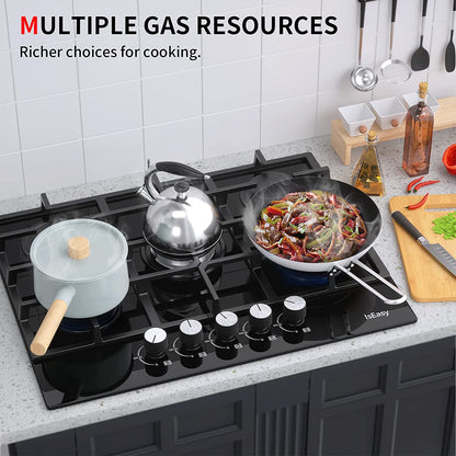 28''Gas Stove Top Gas Cooktop 5 Burners, Tempered Glass Gas Cooktop, Built-in Gas Hob Suitable For Dual Fuel LPG/NG, Thermocouple Protection, Easy To Clean for RVs, Apartments-IsEasy