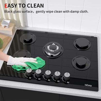 28''Gas Stove Top Gas Cooktop 5 Burners, Tempered Glass Gas Cooktop, Built-in Gas Hob Suitable For Dual Fuel LPG/NG, Thermocouple Protection, Easy To Clean for RVs, Apartments-IsEasy