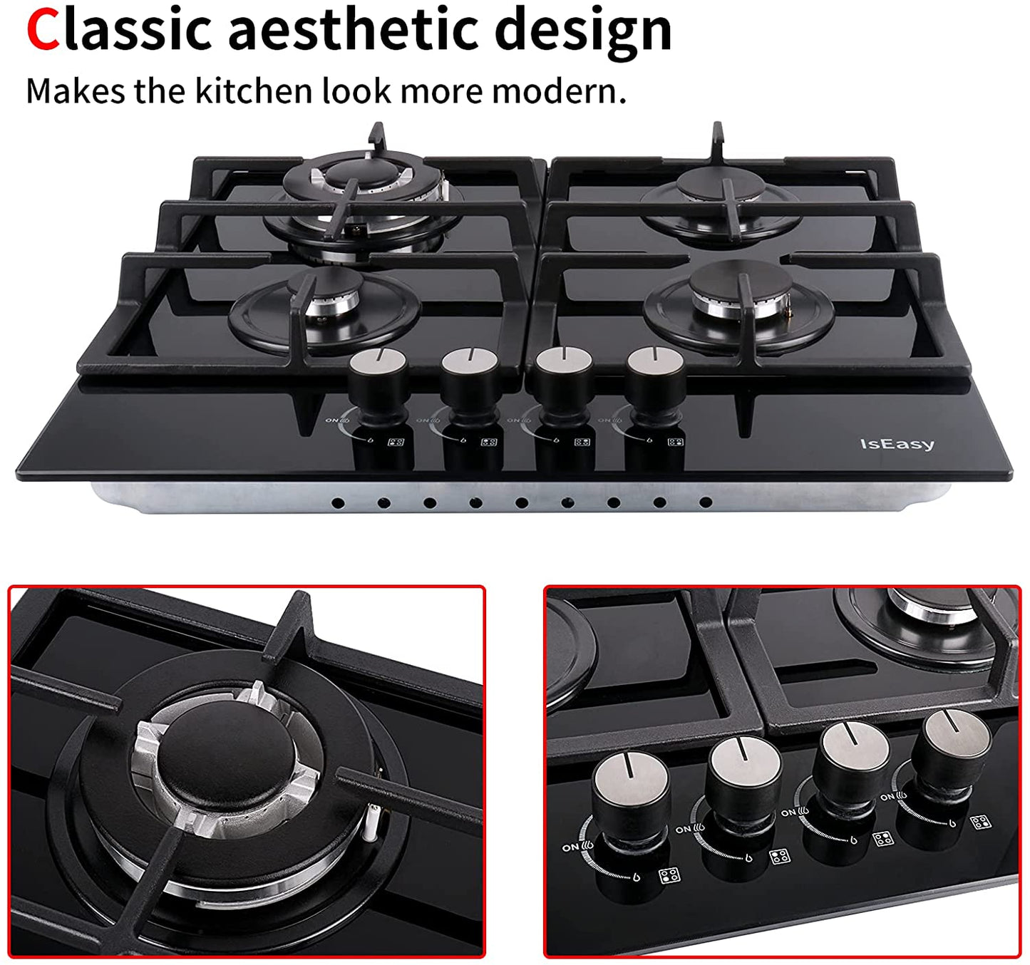24" Built-in Gas Cooktop, 4 Burner Gas Stovetop, 120V Dual Fuel LPG/NG Gas Cooker With Thermocouple Protection, 4 Burner Gas Stovetop With Thermocouple Protection, Black Tempered Glass-IsEasy