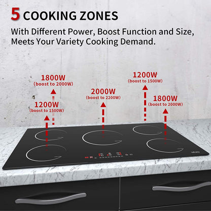 36 Inch Induction Cooktop,  IsEasy electric cooktop 5 Burners, 8600W, Built-in Induction Hob Stove Smoothtop Cooker, Timer, Touch Control, 9 Heating Levels, Booster Function, Glass Black Surface, Residual heat indicator, Child Safety Lock, 220V-240V