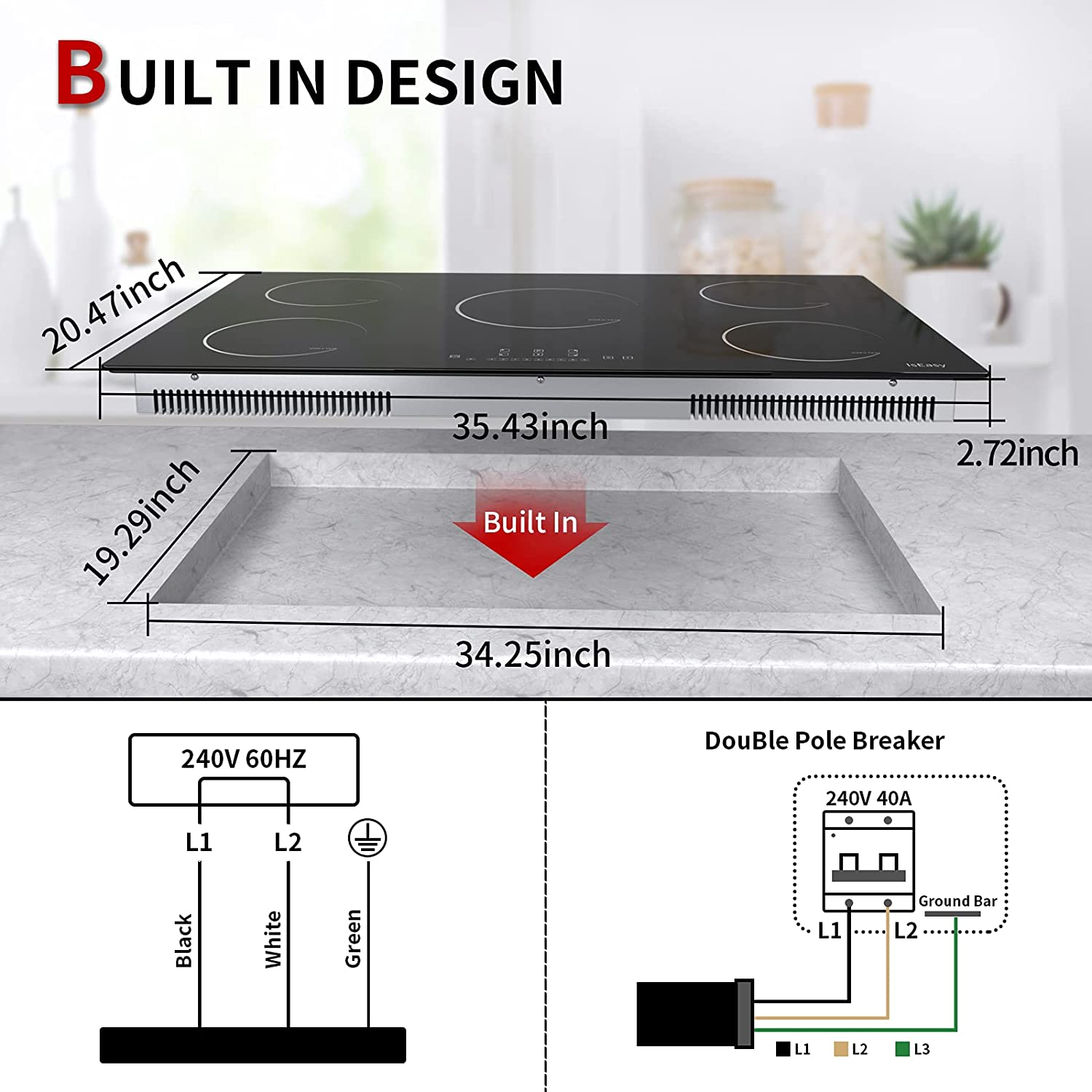 36 Inch Induction Cooktop,  IsEasy electric cooktop 5 Burners, 8600W, Built-in Induction Hob Stove Smoothtop Cooker, Timer, Touch Control, 9 Heating Levels, Booster Function, Glass Black Surface, Residual heat indicator, Child Safety Lock, 220V-240V
