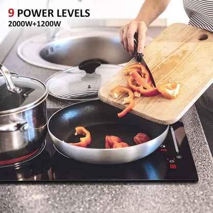 Electric Cooktop Ceramic Stove 2 Burners 12 inch Built-in Countertop Burners Cooker Satin Glass in Black Touch Sensor Control,Timer, 220-240V, Down:1200W Top:2000W
