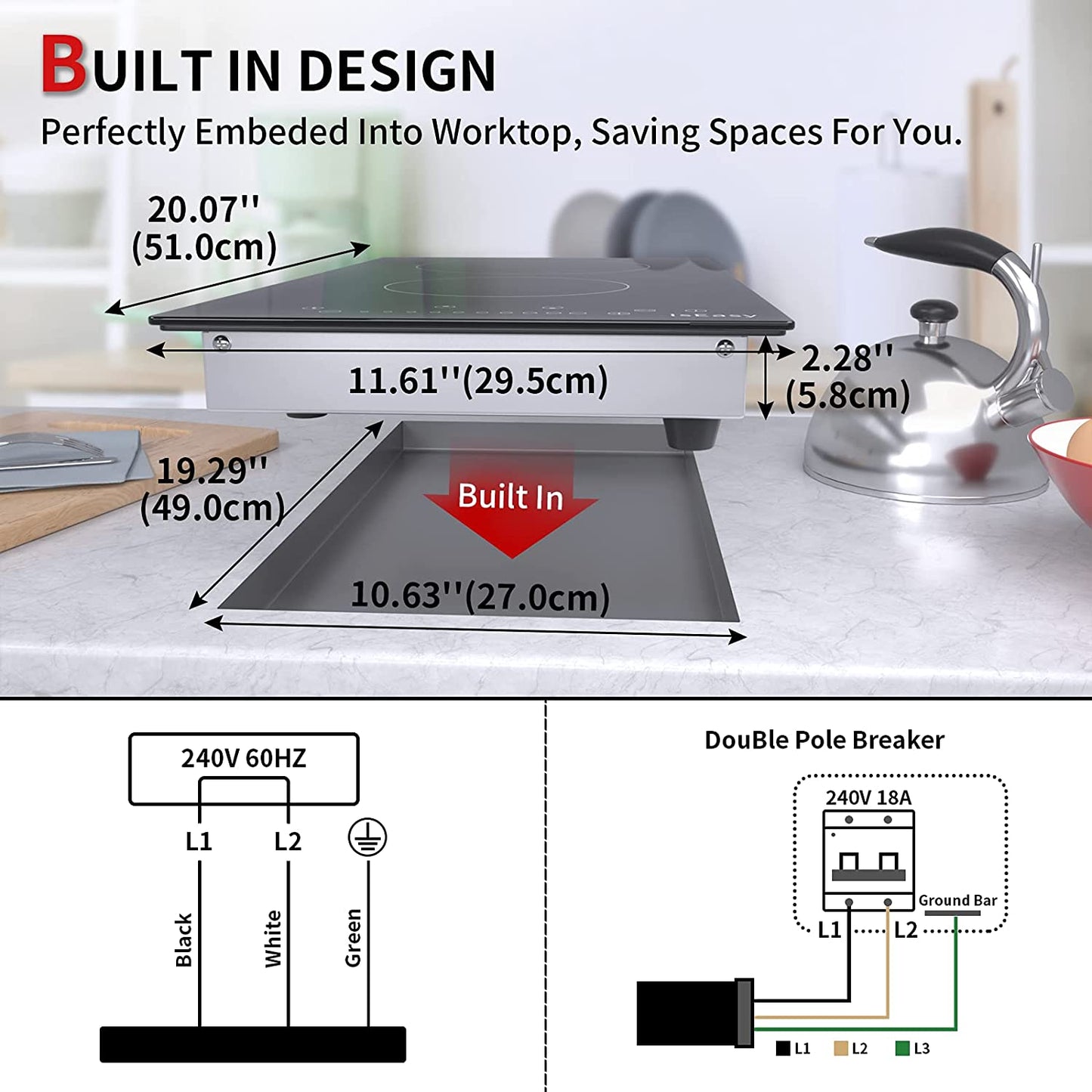 Electric Cooktop Ceramic Stove 2 Burners 12 inch Built-in Countertop Burners Cooker Satin Glass in Black Touch Sensor Control,Timer, 220-240V, Down:1200W Top:2000W