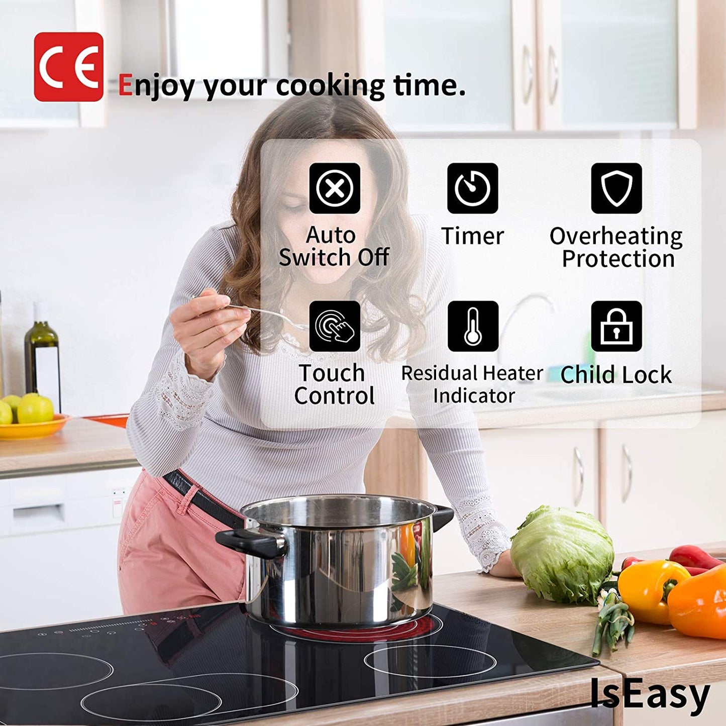 Electric Cooktop Ceramic Stove 4 Burners 30 inch Built-in Countertop Burners Cooker Satin Glass in Black Touch Sensor Control,Timer,Child Safety Lock,9 Power Levels,220-240V 7200W