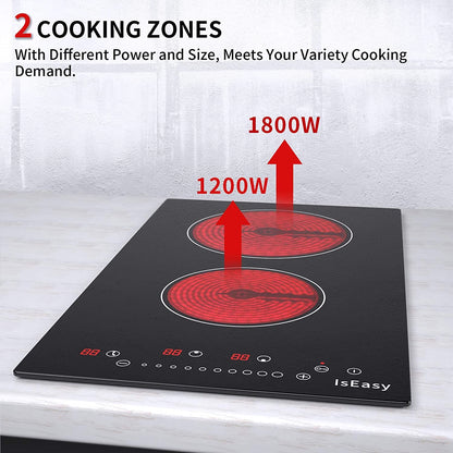 Electric Cooktop Ceramic Stove 2 Burners 12 inch Built-in Countertop Burners Cooker Satin Glass in Black Touch Sensor Control,Timer, 9 Power Levels,220-240V 3000W
