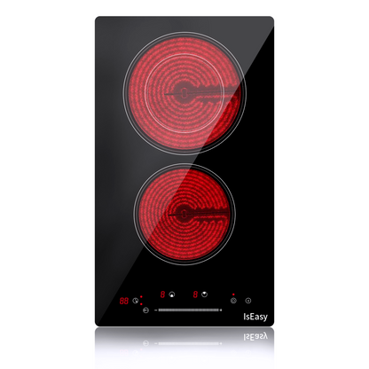Electric Cooktop Ceramic Stove 2 Burners 12 inch Built-in Countertop Burners Cooker Satin Glass in Black Touch Sensor Control,Timer, 220-240V, Down:1200W Top:2000W