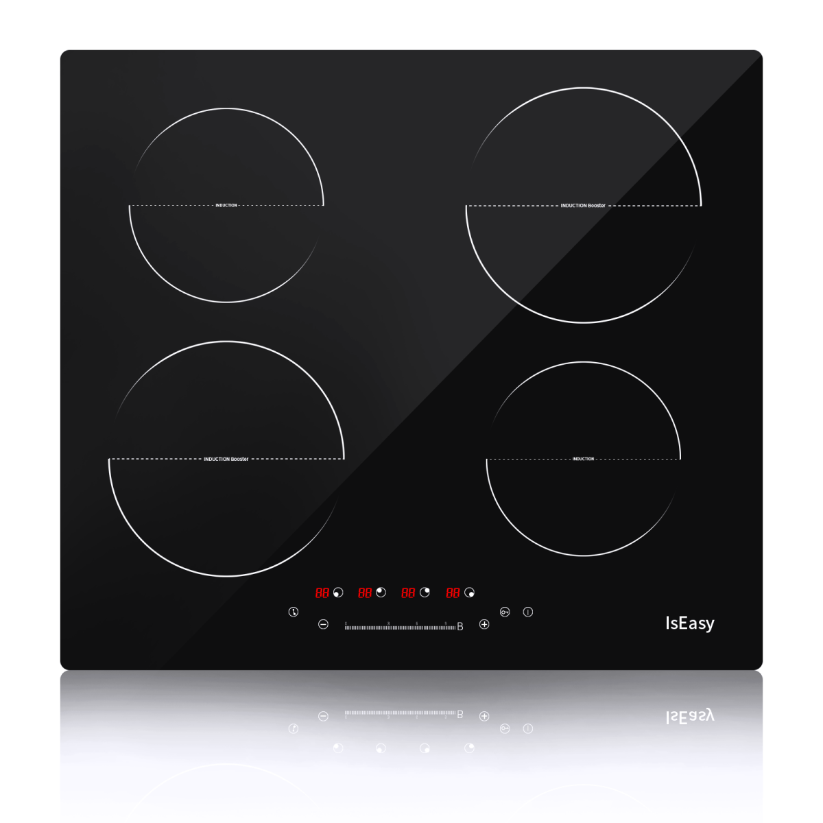 24 Inch Induction Cooktop,  IsEasy electric cooktop 4 Burners, 6800W, Built-in Induction Hob Stove Smoothtop Cooker, Timer, Touch Control, 9 Heating Levels, Booster Function, Glass Black Surface, 220V-240V